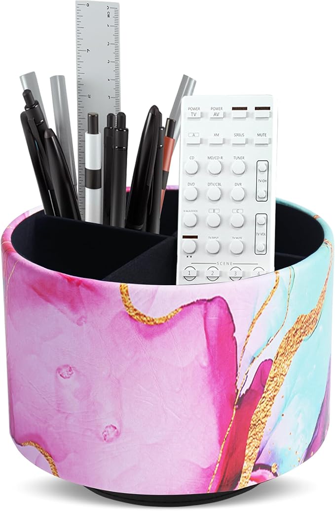 Round Leather Art Supply Organizer,Remote Control Holder,360-degree Rotating Pen Organizer with 4 Compartments(1-Red Green Splash Ink)-DeskLoop Office
