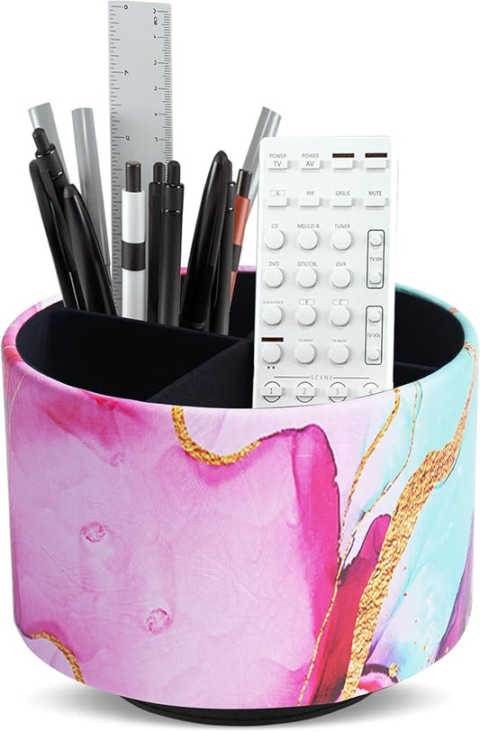 Round Leather Art Supply Organizer,Remote Control Holder,360-degree Rotating Pen Organizer with 4 Compartments(1-Red Green Splash Ink)-DeskLoop Office