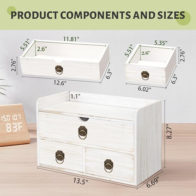 Wood Desk Organizer with Drawer, Tabletop Storage Organization Box - Image 3