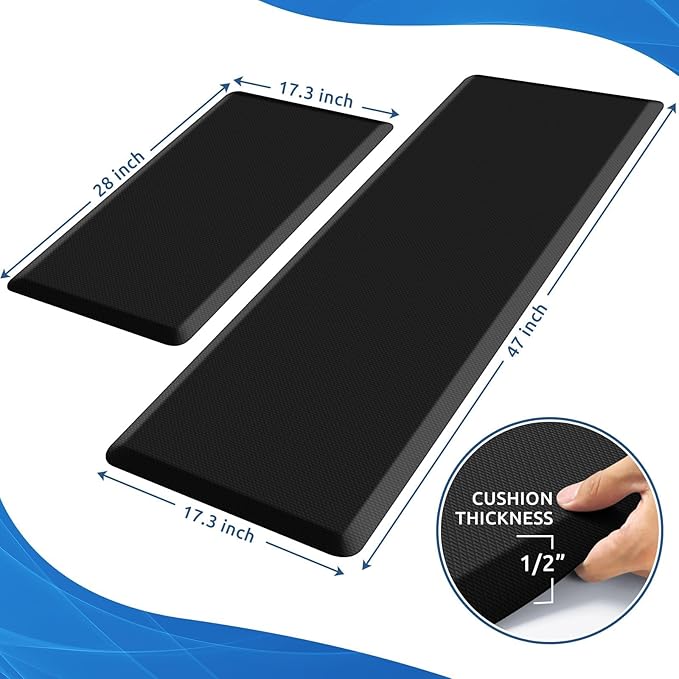 KitchenClouds 2PCS Kitchen Rugs Cushioned Anti-Fatigue Non-Slip Waterproof Kitchen Mat Comfort Foam Standing Mat for Floor Office Sink Laundry (Black)-DeskLoop Office