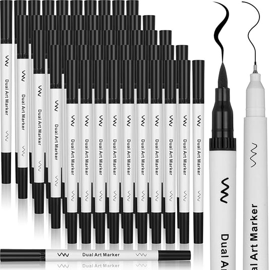 50 Pcs Black Drawing Pens Bulk Dual Brush Fineliners Pens Felt Tip Markers for Art Drawing Sketching-DeskLoop Office