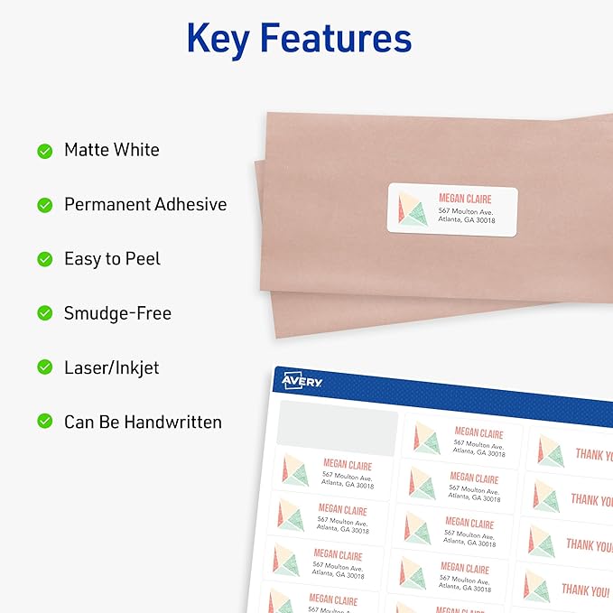 Avery Easy Peel Printable Address Labels with Sure Feed, 1" x 2-5/8" Customizable Stickers, White, 750 Blank Mailing Labels, Great for Mailing, Shipping, and More (8160)-DeskLoop Office