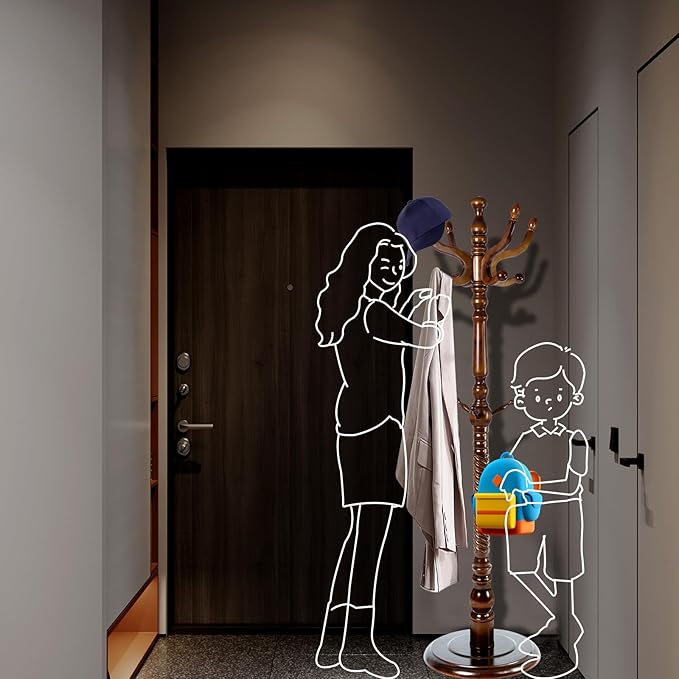 Coat Racks FreeStanding with 11 Hooks, Natural Wood Coat Rack with Solid Round Base, Adjustable Height Coat Racks, Easy Assembly for Hallway, Bedroom and Office (Walnut-Solid Round Base)-DeskLoop Office