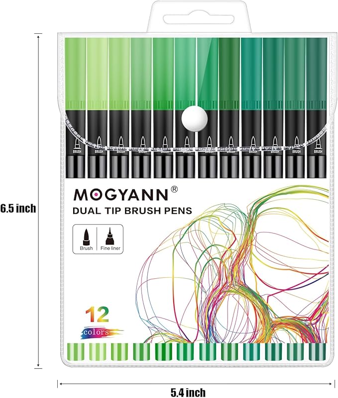 Mogyann Green Markers, 12 Pack Dual Brush Pens Drawing Markers for Art Sketching-DeskLoop Office