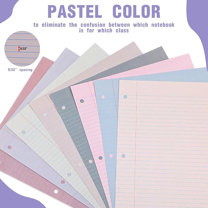 PerKoop 400 Sheets Colored Loose Leaf Paper 8.5" x 11" college ruled Lined 3 Hole Punched notebook Filler Paper for 3 Ring Binders Office School Supplies (Sweet Color)-DeskLoop Office
