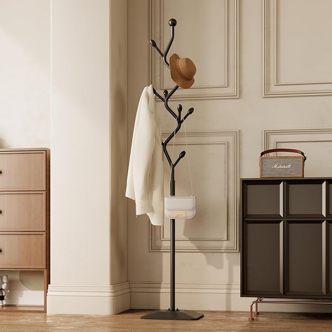 Tree-shaped coat rack stand,Metal coat tree with 8 Hooks and sturdy cast iron base,Heavy Duty coat rack freestanding coat hanger stand for Clothes Hats Scarfs Purses (black)-DeskLoop Office
