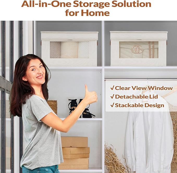 Fabric Storage Bins with Lids, Collapsible Closet Organizer with Sturdy Handles, Clear View Window, Stackable Storage Baskets for Clothes, Towels, Books, Hand Pull Closet Organizer Boxes-4-Pack, Beige-DeskLoop Office