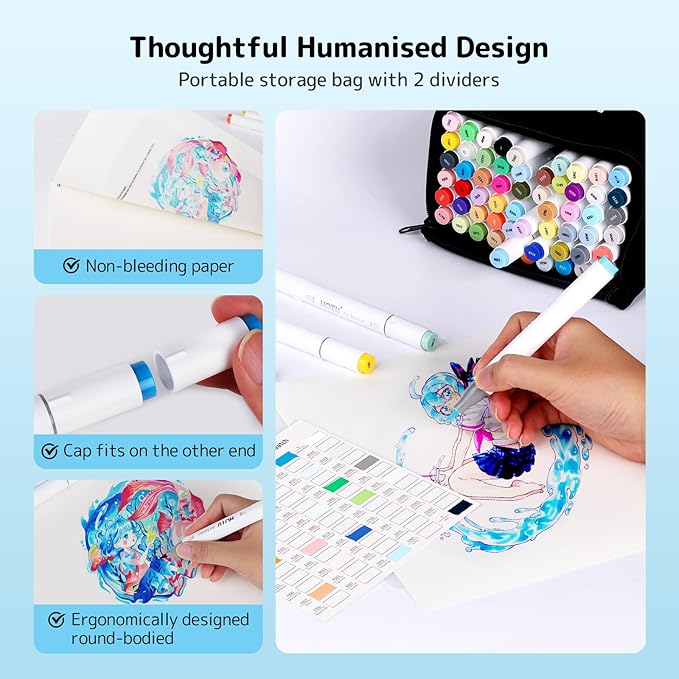 Alcohol Markers Brush Tip -60 Virant Colors Daul Tips Art Markers Set, for Artist Adults Coloring Illustrations, with Seamless Blending, Colorless Blender, Anti-Bleeding Pad, &Premium Ink-DeskLoop Office