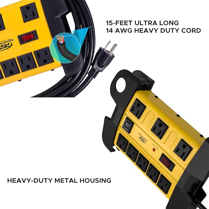 Heavy Duty Power Strip Surge Protector with USB,CRST Metal Power Strip with 2 USB 15 A 1875W, 15-Foot Long Cord 1350 Joules for Home, Kitchen, Office, School, ETL Listed… Yellow-DeskLoop Office