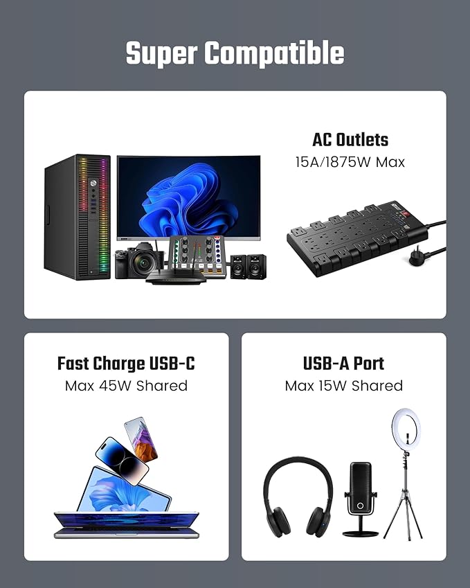 10Ft Power Strip Surge Protector, SUPERDANNY Charging Station 22 Outlets with 45W Type-C Fast Charging USB Ports, 4 USB-A, 2 USB-C, 2100J, 15A/1875W, Flat Plug Extension Cord for Home Office Black-DeskLoop Office