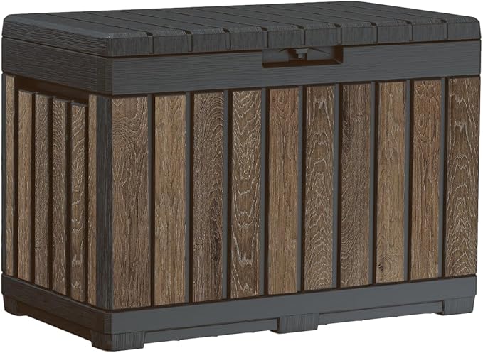 Keter Signature Everwood 50 Gallon Resin Outdoor Storage Box and Patio Furniture Side Table for Pool and Garden Accessories, Walnut-DeskLoop Office