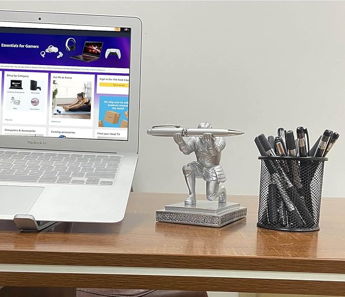 Executive Knight Pen Holder with A Cool Pen, Home Office Desk Organizers Decor Resin Pen Holder, Christmas Gift Idea for Dad, Uncle, Man, Boyfriend, Friends Silver-DeskLoop Office