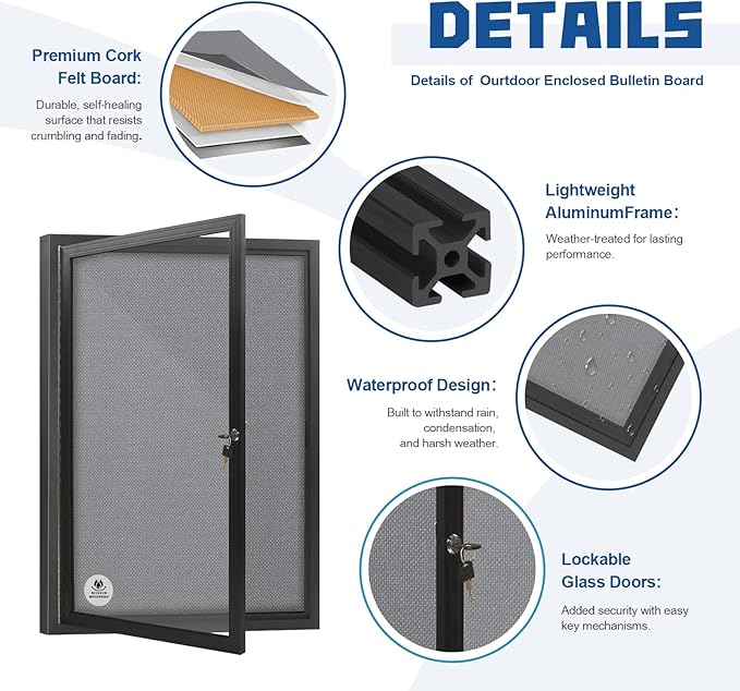 Lockable Outdoor Enclosed Bulletin Board,Weatherproof Cork Noticeboard with Locking Door, Wall-Mounted Aluminum Frame Display Case for Office, Home, School (Black Frame | Greyfelt Surface, 36x24 inch)-DeskLoop Office