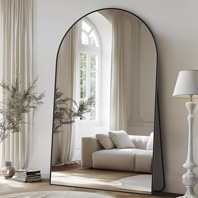 Full Length Mirror, 91"x46" Oversized Floor Mirror Freestanding, Full Body Mirror Floor Standing Mirrors with Stand, Hanging Mounted Mirrors for Bedroom Living Room, Black, Arched Style-DeskLoop Office