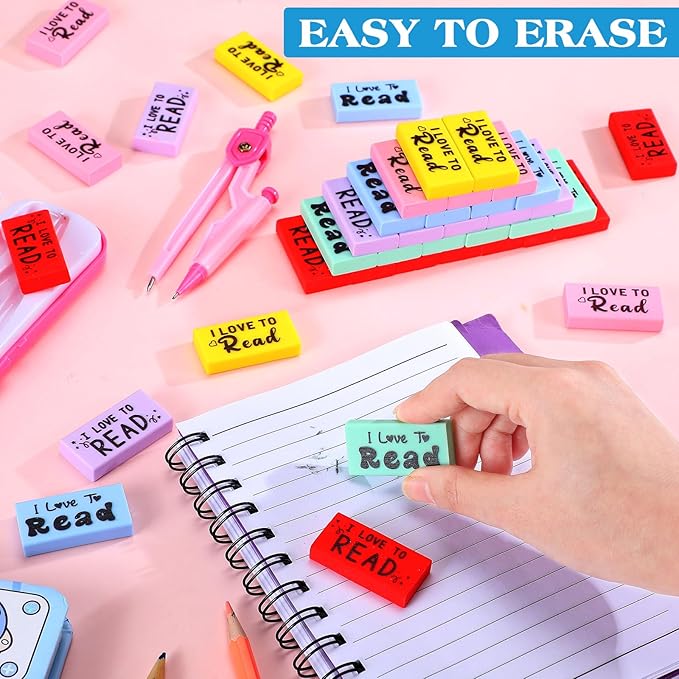 300 Pcs Inspirational Erasers for Kids Back to School Gifts I Love to Read Small Colorful Pencil Erasers for Students Classroom Cute Motivational Gift for Drawing School Office Supplies-DeskLoop Office