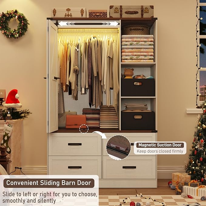 Farmhouse 3 Doors Armoire Wardrobe Closet w/Folding Sliding Barn Door and Lights, LED Armoire Closet w/Drawers for Bedroom, Freestanding Wooden Wardrobe Storage Closets w/Hanging Rod,Antique White-DeskLoop Office