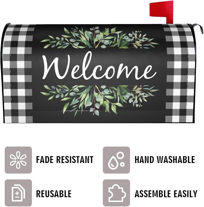 Wreath Buffalo Plaid Mailbox Covers, Welcome Magnetic Mailbox Cover, Plaid and - Image 3