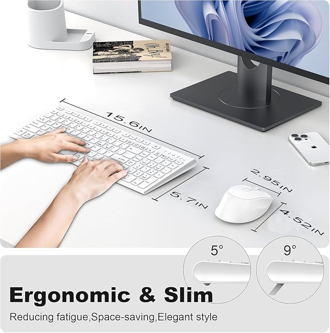 FENIFOX Wireless Keyboard Mouse Combo, Ergonomic Rechargeable Silent Quiet Slim Compact Full-Size USB C with Number Pad Flat Soft Cover for PC Computer Laptop Mac MacBook iMac TV Windows OS - White-DeskLoop Office
