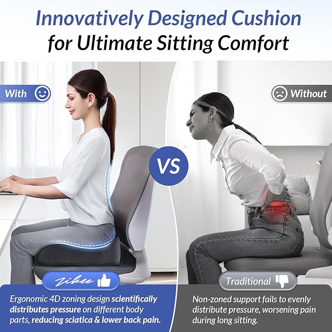 ZIKEE Gel Seat Cushion for Office Chair and Car Seat with Ergonomic Zoning, Memory Foam Chair Cushion for Sciatica, Lower Back, Tailbone Pain Relief and Intimate Ventilation, Non-Slip & Airy Cover-DeskLoop Office