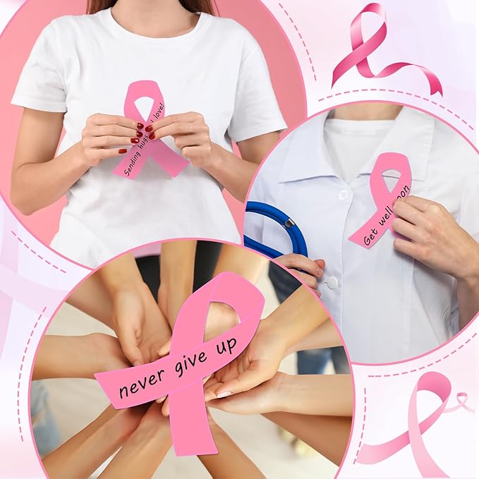 Kosiz 100 Pack Large Pink Ribbon Set 100 Breast Cancer Awareness Cutouts 2 Marker Pens 100 Wooden Clips with Rope Pink Ribbon Breast Cancer Awareness Items for Women Charity Support Supplies-DeskLoop Office