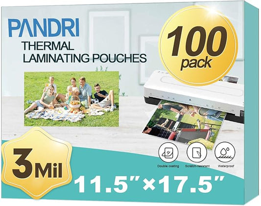 Laminating Sheets, PANDRI 100 Pack Thermal Laminating Pouches Holds 11 x 17 Inch, 3 Mil Plastic Laminator Paper 11.5 x 17.5 Inch, Clear Round Corner-DeskLoop Office