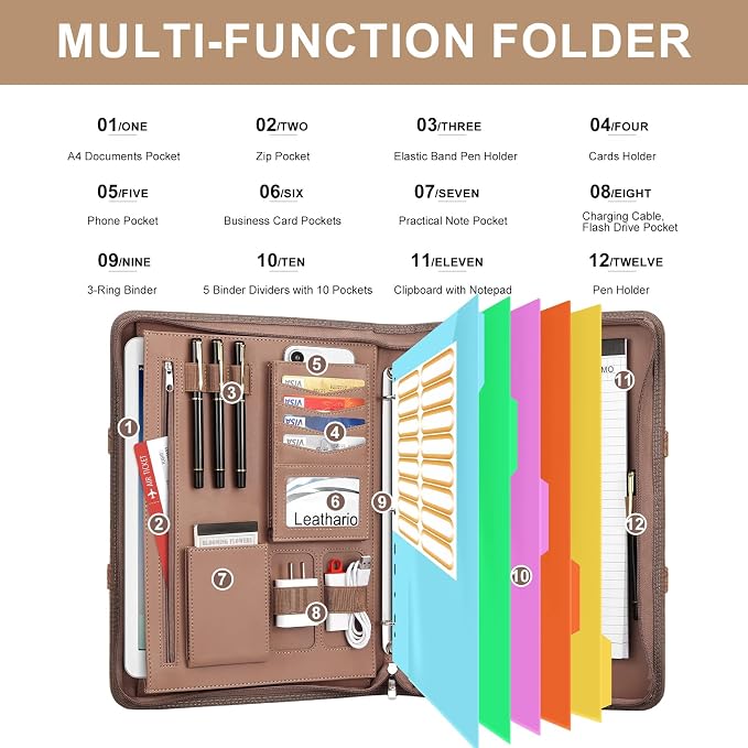 Leathario Portfolio Binder, Includes 5 Folder Index Dividers, 13 Inch Tablets - Image 4