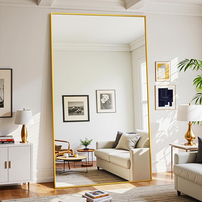 Full Length Mirror, 86"x46" Oversized Floor Mirror Freestanding, Full Body Mirror Floor Standing Mirrors with Stand, Hanging Mounted Mirrors for Bedroom Living Room, Gold, Rect Style-DeskLoop Office