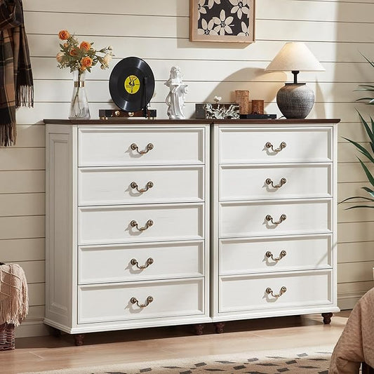 Farmhouse 5 Drawer Dresser Set of 2 for Bedroom, 45" Tall Rustic Chests of Drawers w/ 4 Solid Wood Feet, Mid Century Vintage Wooden Closet Storage Dressers Organizer for Living Room, White-DeskLoop Office