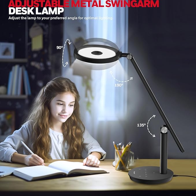 Honeywell Desk Lamp for Home Office, H6 Sunturalux™ Eye-Caring Led Desk Light, 800LM Dimmable Desk Lamp with Timer, Touch Control Tall Desk Reading Light, Table Lamp for Circle Webcam, Study, Bedroom-DeskLoop Office