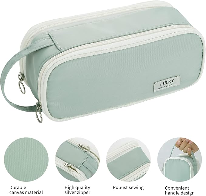 Dugio Big Pencil Case for Girls Teens Kids Zipper Pencil Pouch with Handle Organizer Pencil Bag Aesthetic Pencil Pen Case for School Green-DeskLoop Office
