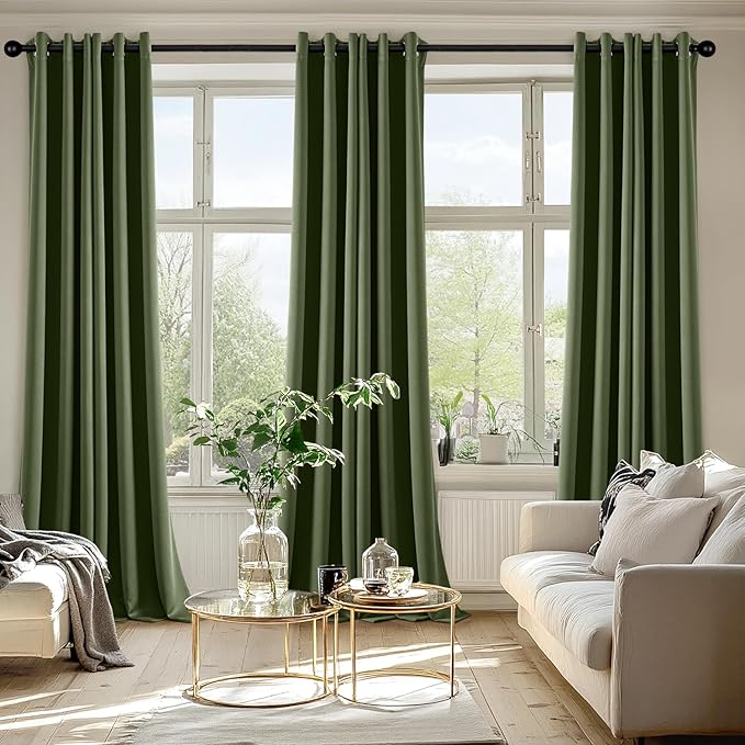 MIULEE Olive Green Blackout Curtains for Bedroom Living Room 96 Inches Long 2 Panels, Thermal Insulated Room Darkening Drapes Solid Grommet Top Noise Reducing Dark Green Window Treatments 40x96 Inch-DeskLoop Office