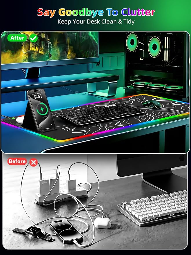 Mouse Pad with Foldable Phone Holder & Wireless Charger, XXL RGB Gaming - Image 6