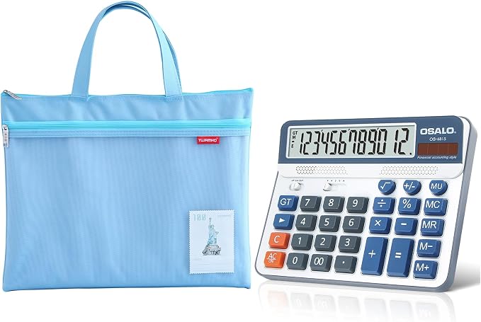 Desktop Calculator and Mesh Zipper Waterproof Pouch Bundle, 12-Digit Battery by Pendancy