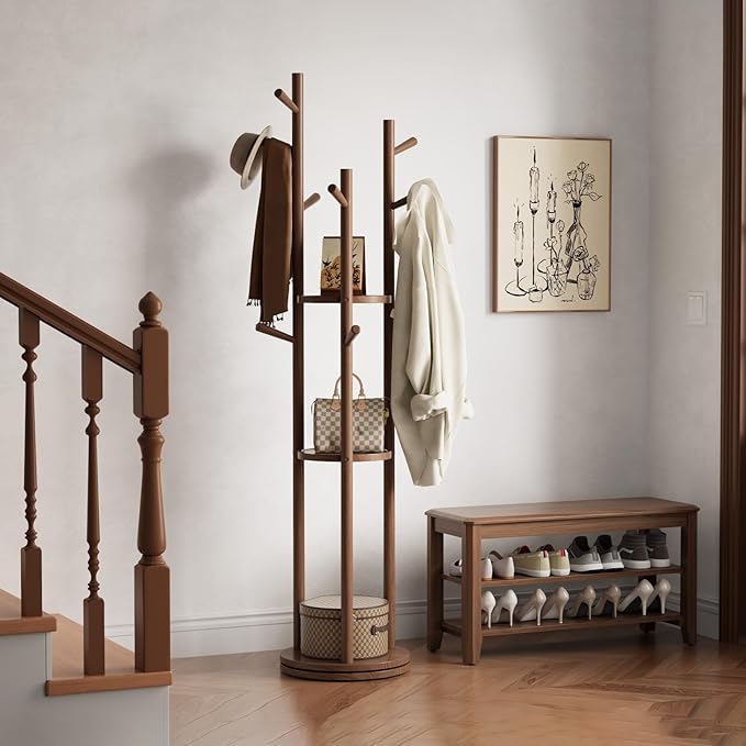 Solid Wood Rotary Coat Rack, Freestanding Coat Rack with 3 Shelves and 9 Hooks, Coat tree for Bedroom, Entryway, Livingroom, Coat Hanger Stand for Coats, Scarves, Handbags (Walnut)-DeskLoop Office
