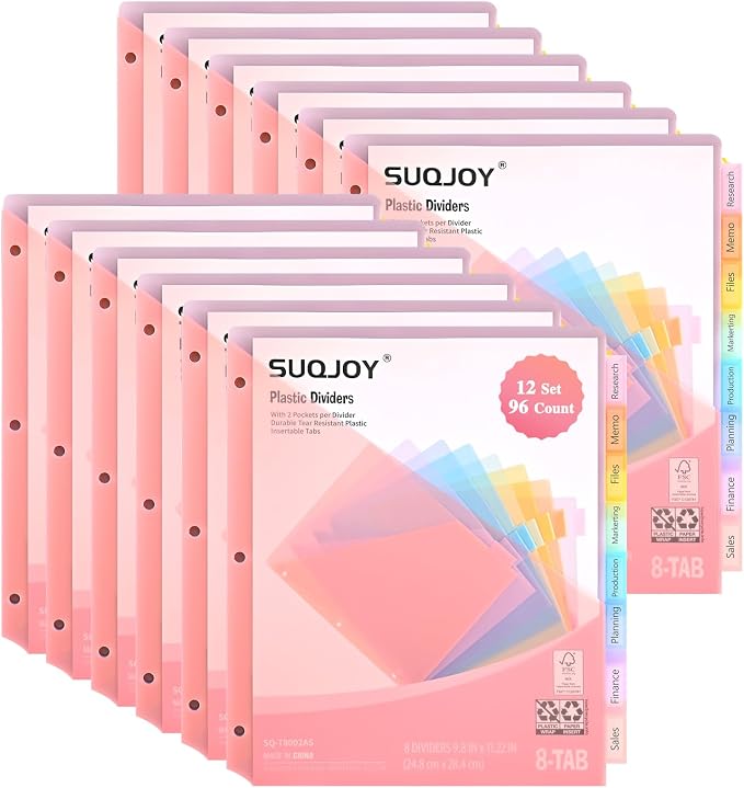 8-Tab Dividers for 3 Ring Binder, Subject Dividers, 3-Hole Plastics Sheets by SUQJOYOFFICE