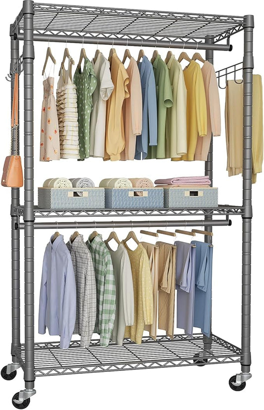 P1 Heavy Duty Garment Rack, 3 Tiers Adjustable Rolling Metal Closet Organizer with Lockable Wheels, FreeStanding Wardrobe with Double Hanger Rods & 1 Pair Hooks, Max Load 450 LBS, Gray-DeskLoop Office