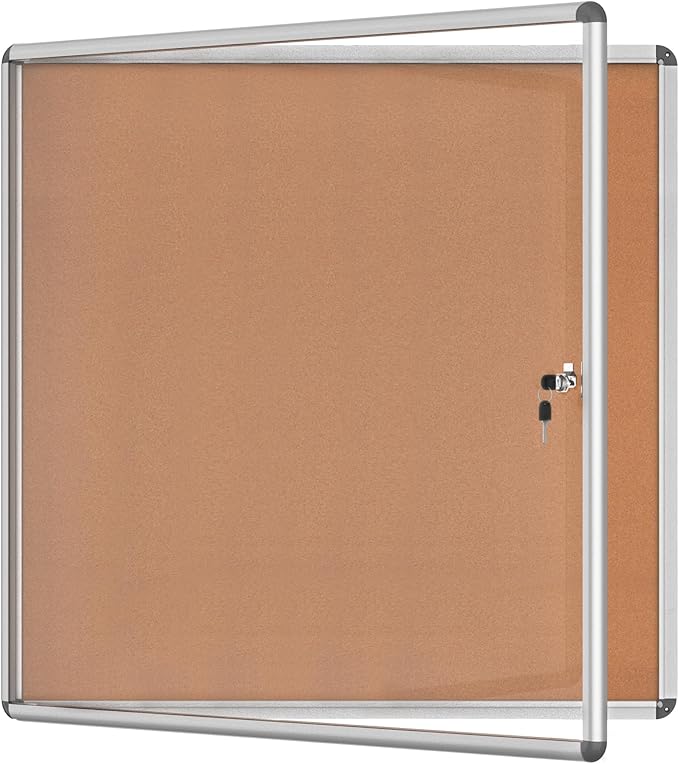 38"x38" Enclosed Bulletin Board, Lockable Weather-Resistant Aluminum Cork Noticeboard for School & Office, Silver Frame w/Cork-DeskLoop Office