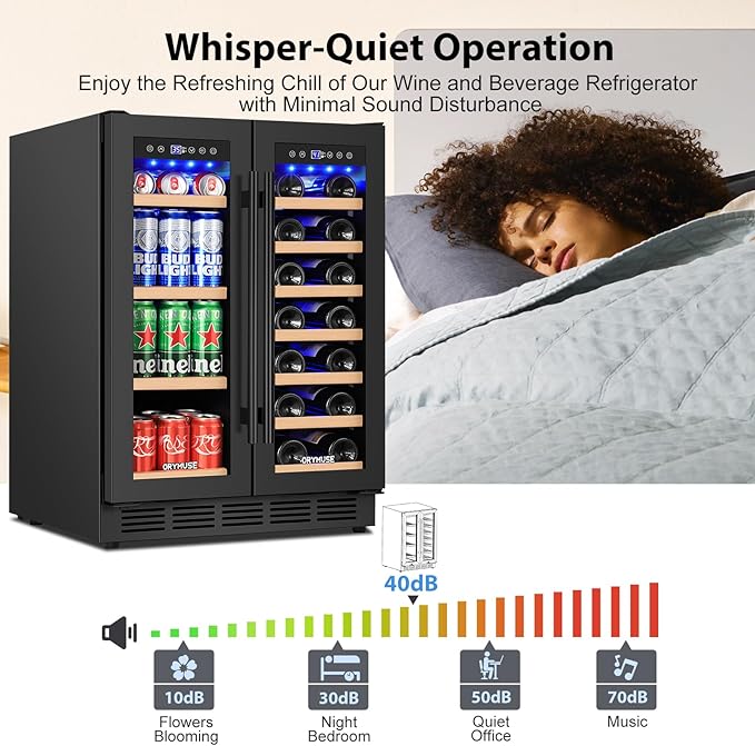 24" Dual Zone Wine & Beverage Refrigerator – Under Counter Cooler with Upgraded Cooling & Blue LED Light, Hold 20 Bottles and 88 Cans Large Capacity Wine Fridge, Built-In or Freestanding – Black-DeskLoop Office