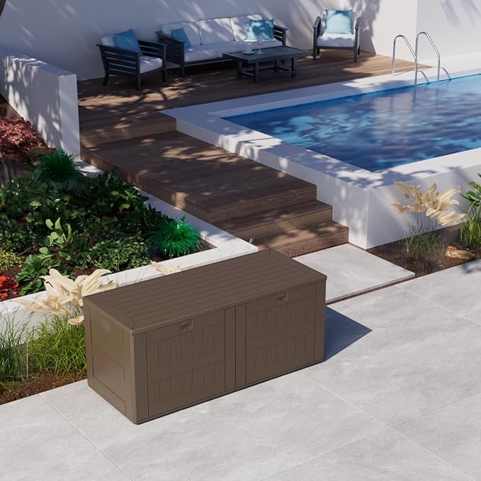 180 Pro Gallon Waterproof Outdoor Storage Bin Resin Deck Box for Patio, Poolside, and Garden, Lockable & UV-Resistant, Brown-DeskLoop Office