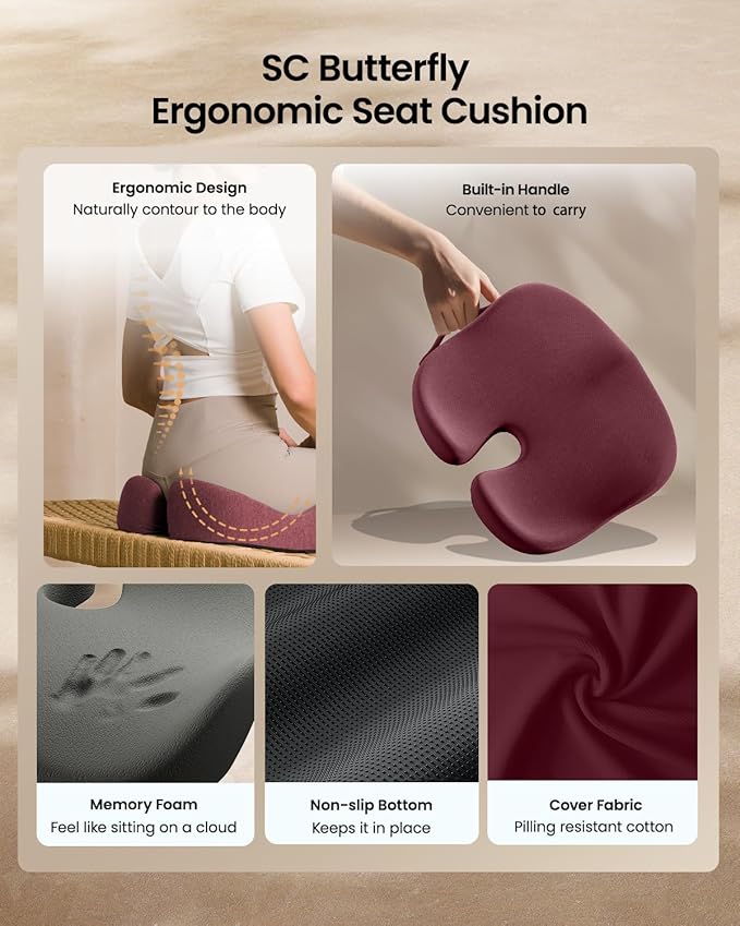 ProtoArc Seat Cushion, Office Chair Cushion for Sciatica, Coccyx Cushion, Ergonomic Memory Foam Seat Cushion for Car, Home, Pressure Relief Pad for Hip, Tailbone, All Day Comfort - Wine Red-DeskLoop Office