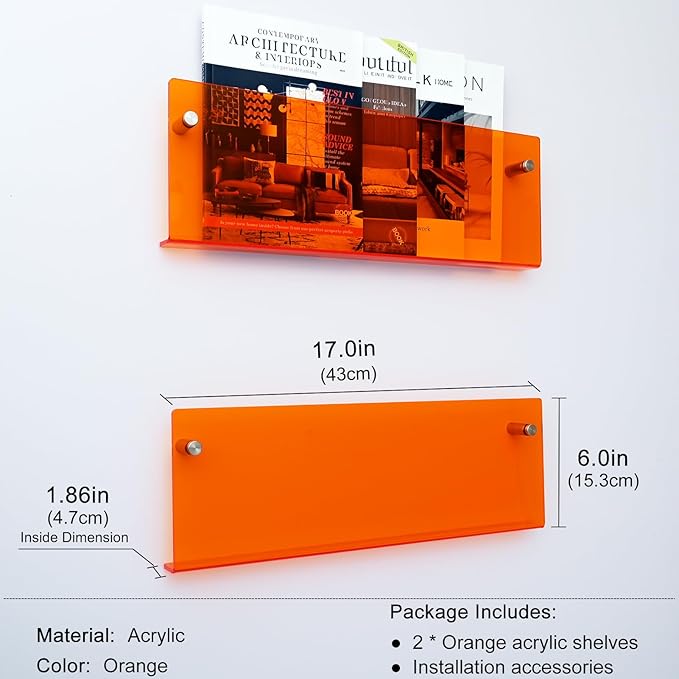 2 Pack Orange Acrylic Magazine Holder, Wall Mount Hanging Bookshelf Literature - Image 2