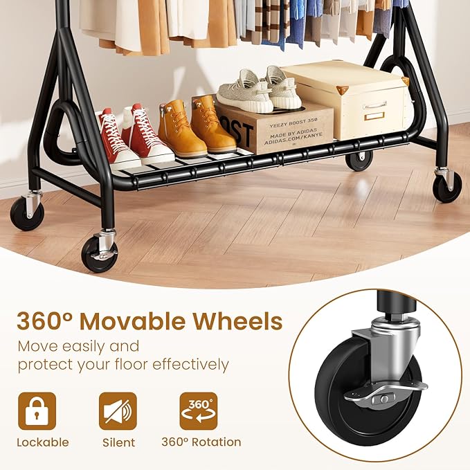 Heavy Duty Clothes Rack for Hanging Clothes, Double Rods Clothing Rack with Lockable Wheels, Rolling Garment Racks with Shelf, Easy to Assemble, Black-DeskLoop Office