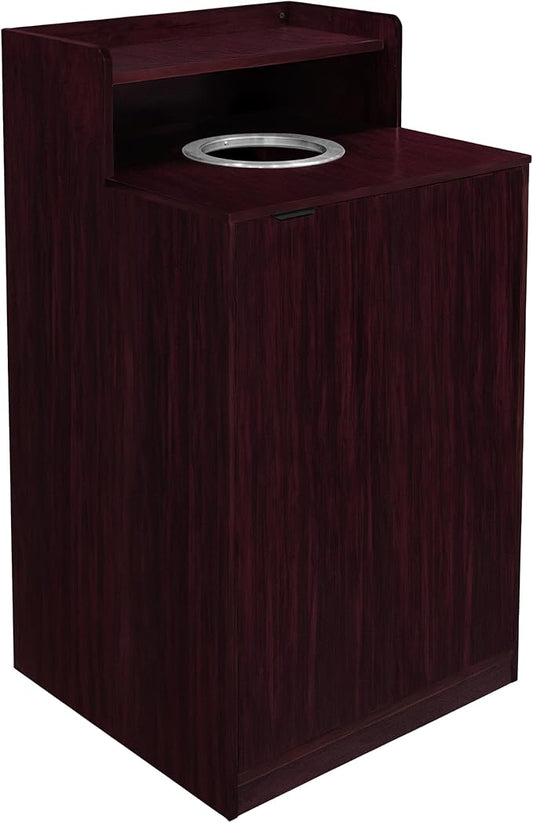 Flash Furniture Dell Trash Can Enclosure with Tray Shelf and 8" Drop Hole, Commercial Grade Trash Receptacle for 32 Gallon Round Cans, Swing Door Access, Mahogany-DeskLoop Office