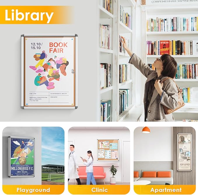 SWANCROWN Enclosed Bulletin Board 36x24 in, Tamperproof Lockable Cork Board Wall Display Case for Office School Home, Aluminum Frame-DeskLoop Office