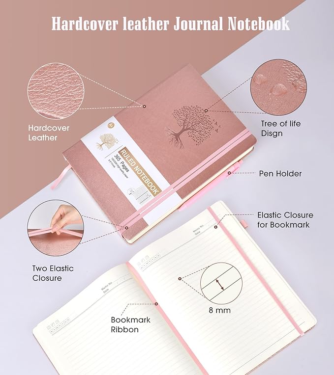 Lined Journal Notebook, 365 Pages A4 Large Journals for Writing Ruled Notebook, Pink Hardcover Leather Journals for Women Men,Notebook for Work, Note Taking, 100Gsm Thick Paper (8.5" x 11" Rose Gold)-DeskLoop Office