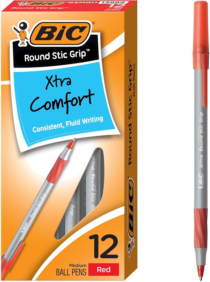 BIC Round Stic Grip Xtra Comfort Red Ballpoint Pens, Medium Point, 12-Count Pack by BIC