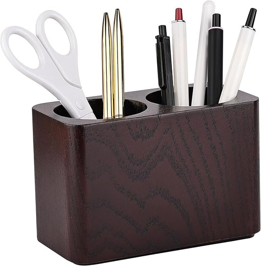 Oak Solid Wood Pen &Pencil Holder for Desk, Office Stationery Organizer, Table Pencil Cup Stand,Desk Accessories Holder, Two Cups Practical Design. (Espresso)-DeskLoop Office