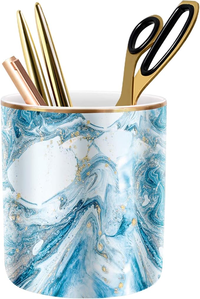 Pen Pencil Holder for Desk, Marble Desk Decor Organizer, Durable Ceramic Pencil by WAVEYU