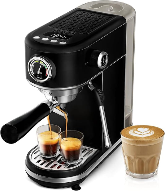 HIBREW H10B - 51mm Espresso Machine - Temperature & Cup Volume Adjustable at will - With Intelligent Display Screen & Pressure Gauge - Stainless Steel Body (Black)-DeskLoop Office