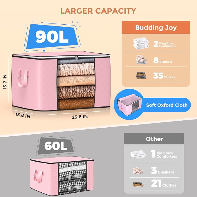 90 L Large Storage Bags, 8 Pack Clothes Storage Bins Foldable Closet Organizer - Image 2